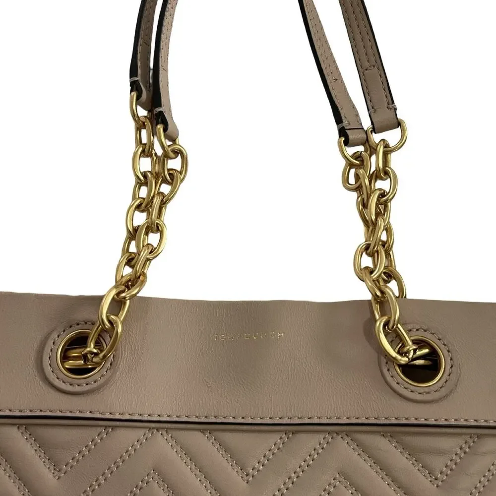 Tory Burch Fleming Quilted Large Soft Leather Tote Bag in Pale Pink Chain Straps